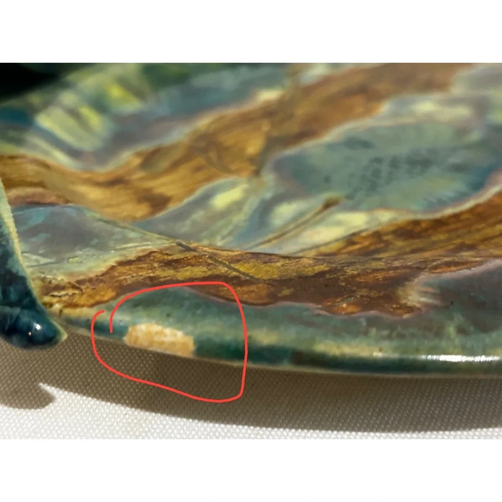 Shaun Malli Pottery Oval Ceramic Platter Teal Brown Bamboo Etched 11.5